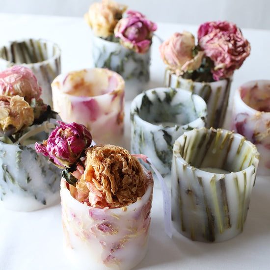 ［雑貨］蝋引き花のアレンジメント・キャンドル＜芍薬＞｜土と風の植物園オリジナル